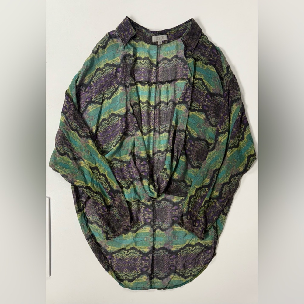Silk Wrap Blouse 100% S.Y.L.K. Top Shirt Snake Print High Low Sheer Women Medium